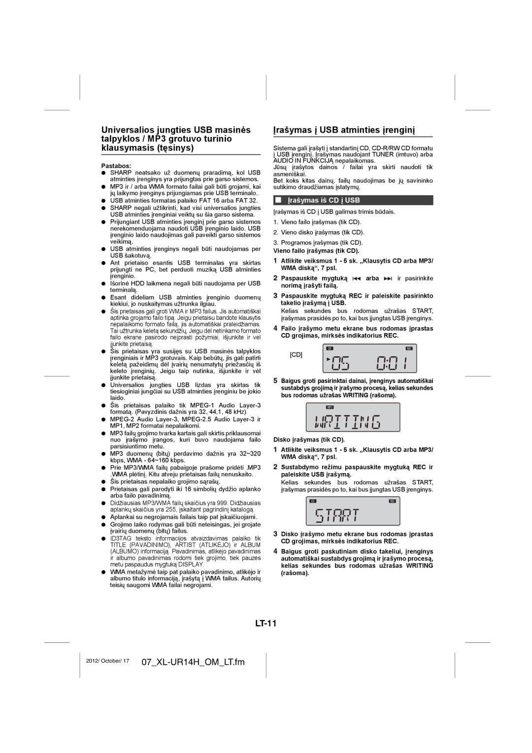 Sharp XL-UR14H operation manual Įrašymas į USB atminties įrenginį, LT-11, Įrašymas iš CD į USB 