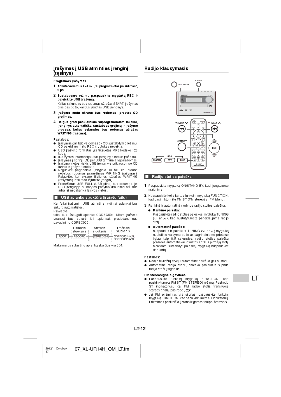 Sharp XL-UR14H Įrašymas į USB atminties įrenginį tęsinys, Radijo klausymasis, LT-12, USB aplanko struktūra įrašytų failų 