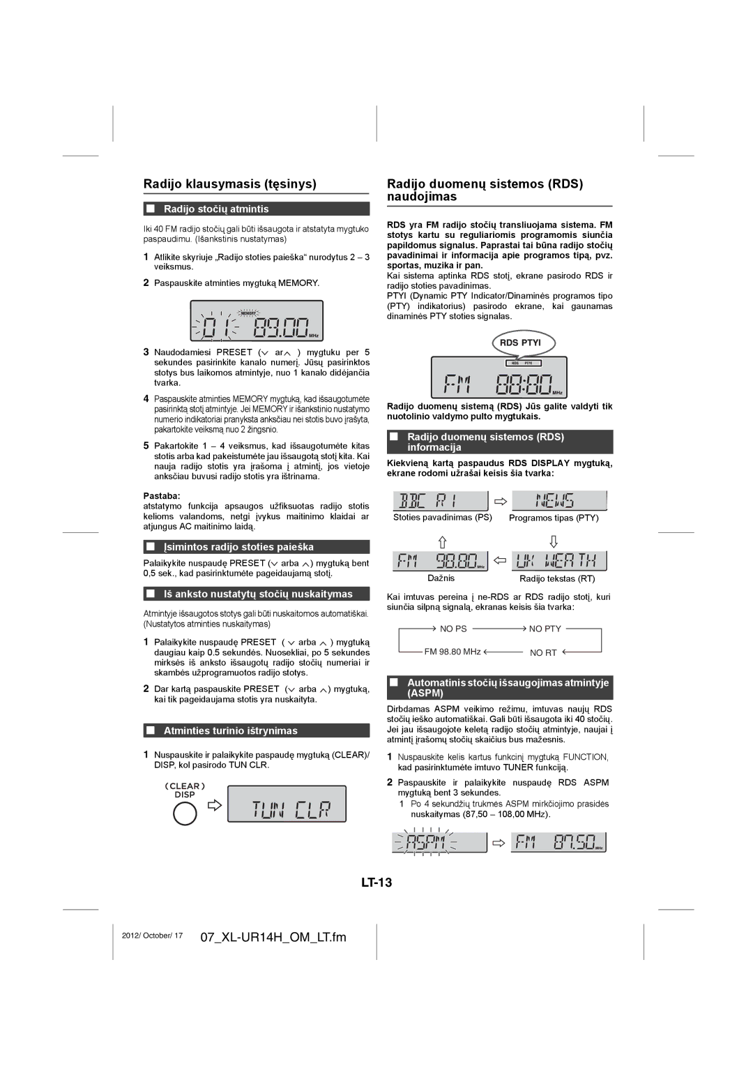 Sharp XL-UR14H operation manual Radijo klausymasis tęsinys, Radijo duomenų sistemos RDS naudojimas, LT-13 