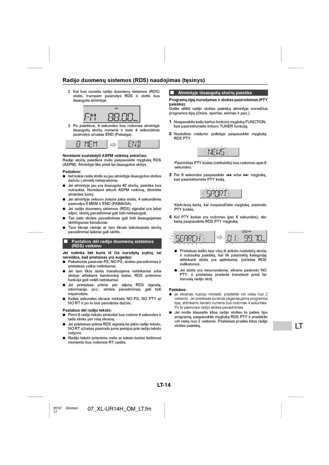 Sharp XL-UR14H Radijo duomenų sistemos RDS naudojimas tęsinys, LT-14, Pastabos dėl radijo duomenų sistemos RDS veikimo 