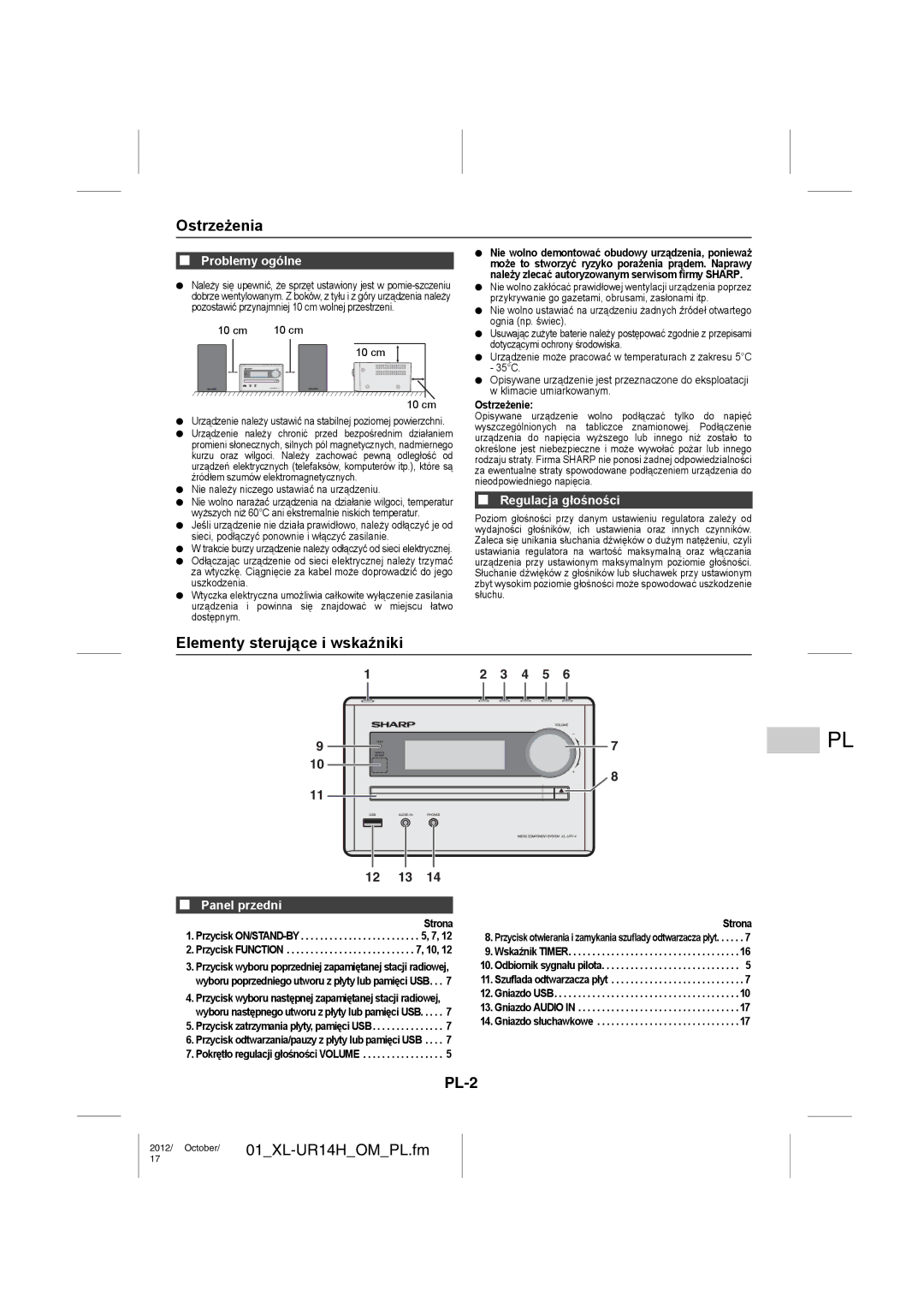 Sharp XL-UR14H operation manual Ostrzeżenia, Elementy sterujące i wskaźniki, PL-2 