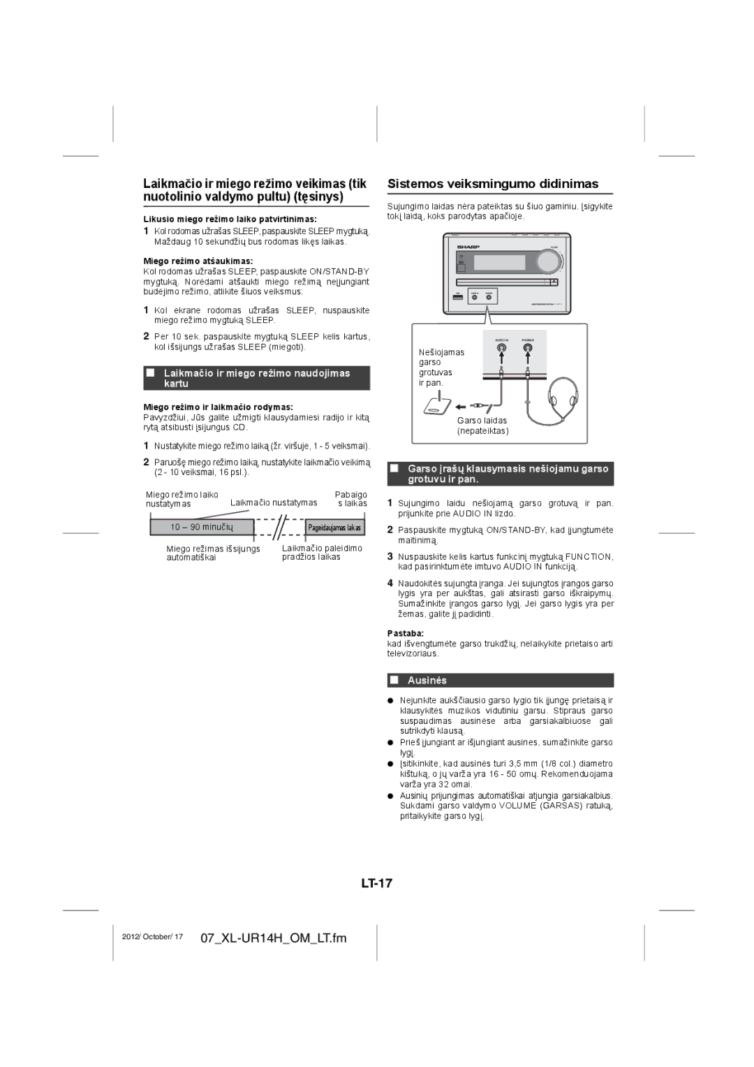 Sharp XL-UR14H Sistemos veiksmingumo didinimas, LT-17, Laikmačio ir miego režimo naudojimas kartu, Ausinės 