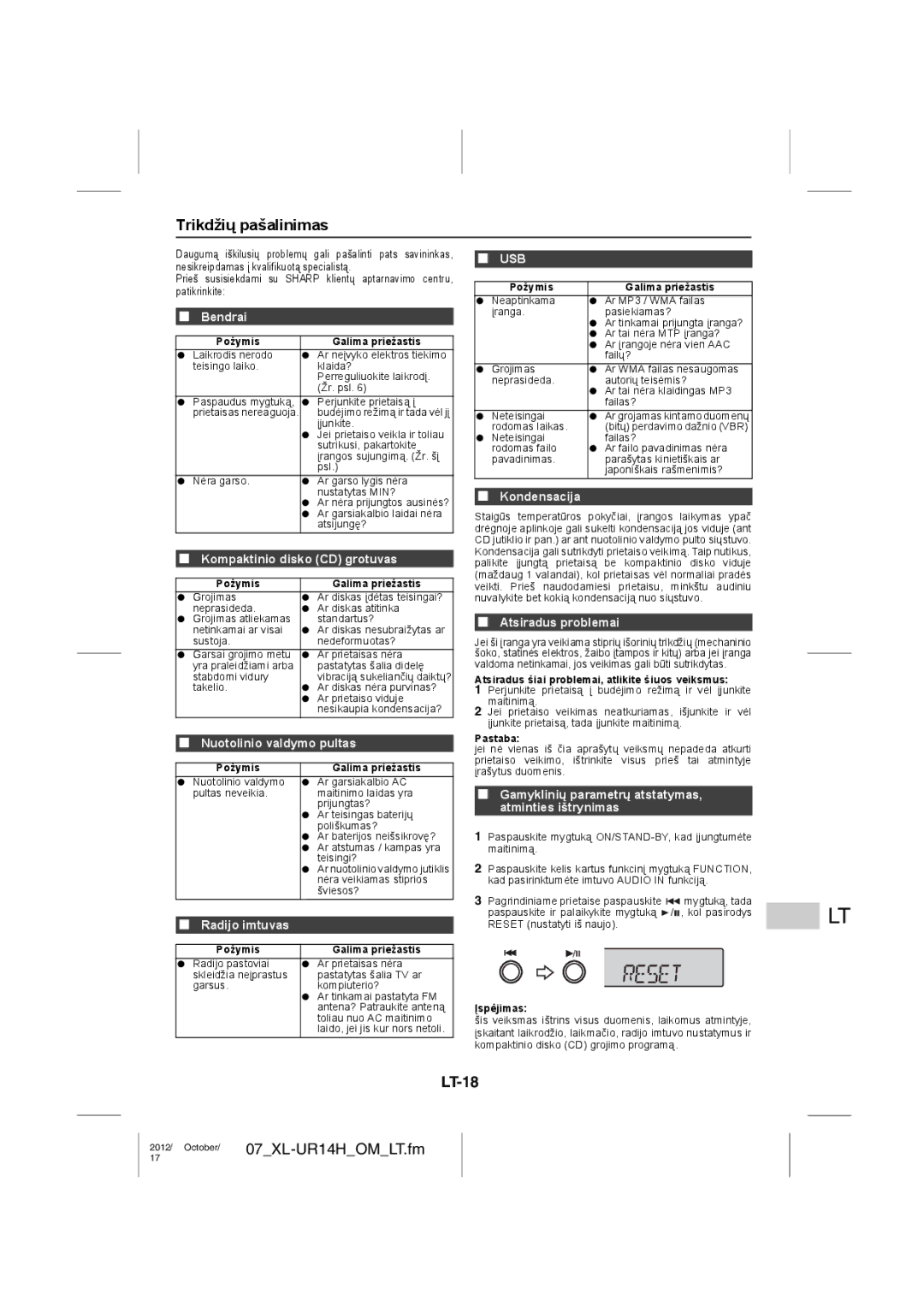 Sharp XL-UR14H operation manual Trikdžių pašalinimas, LT-18 