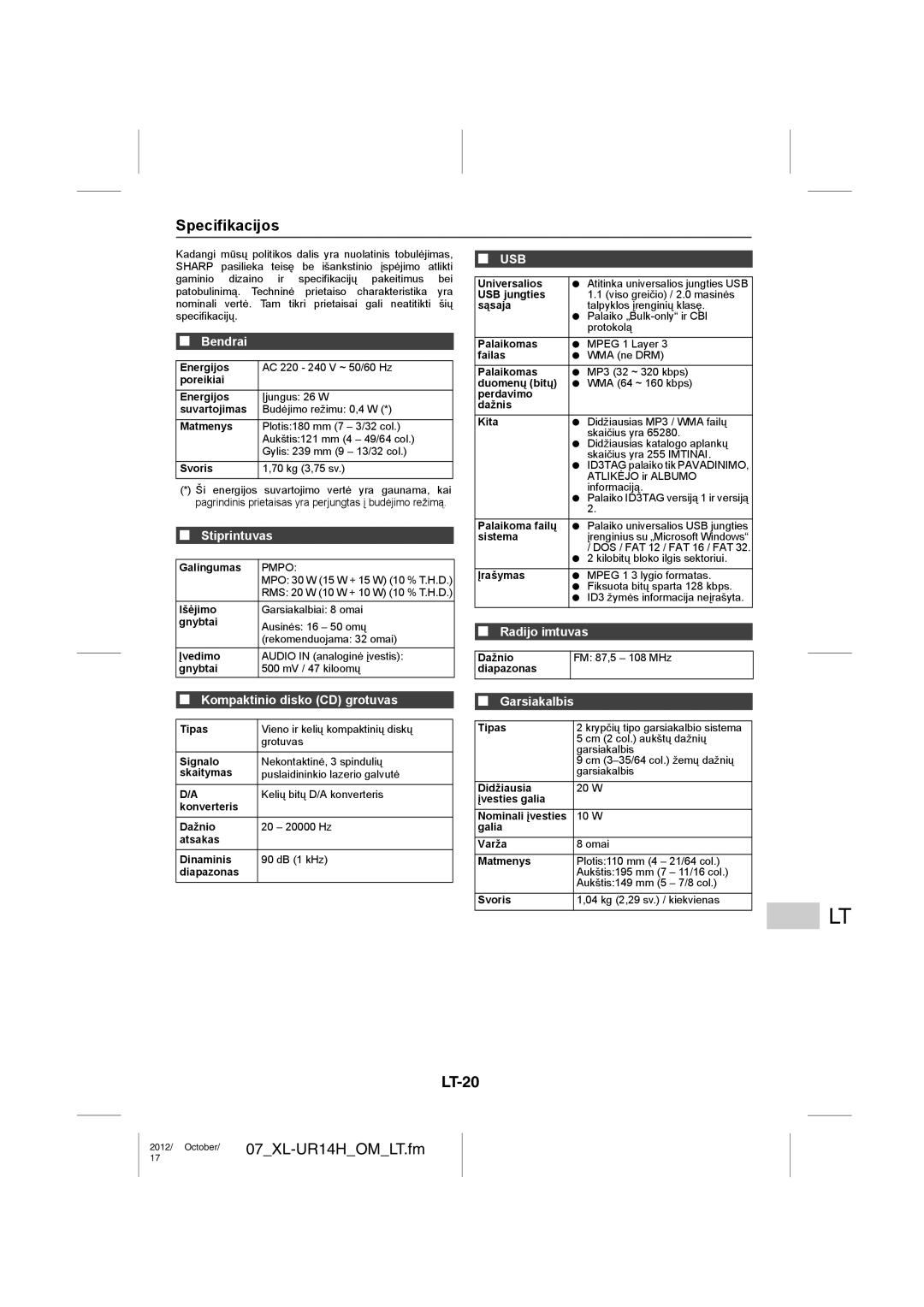 Sharp XL-UR14H operation manual Specifikacijos, LT-20, Stiprintuvas, Garsiakalbis 