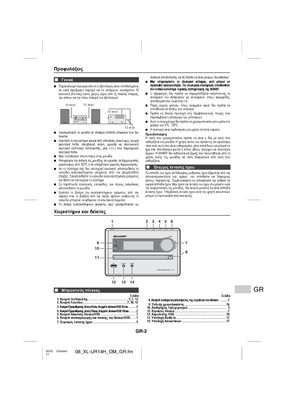 Sharp XL-UR14H operation manual Προφυλάξεις, Χειριστήρια και δείκτες, GR-2 