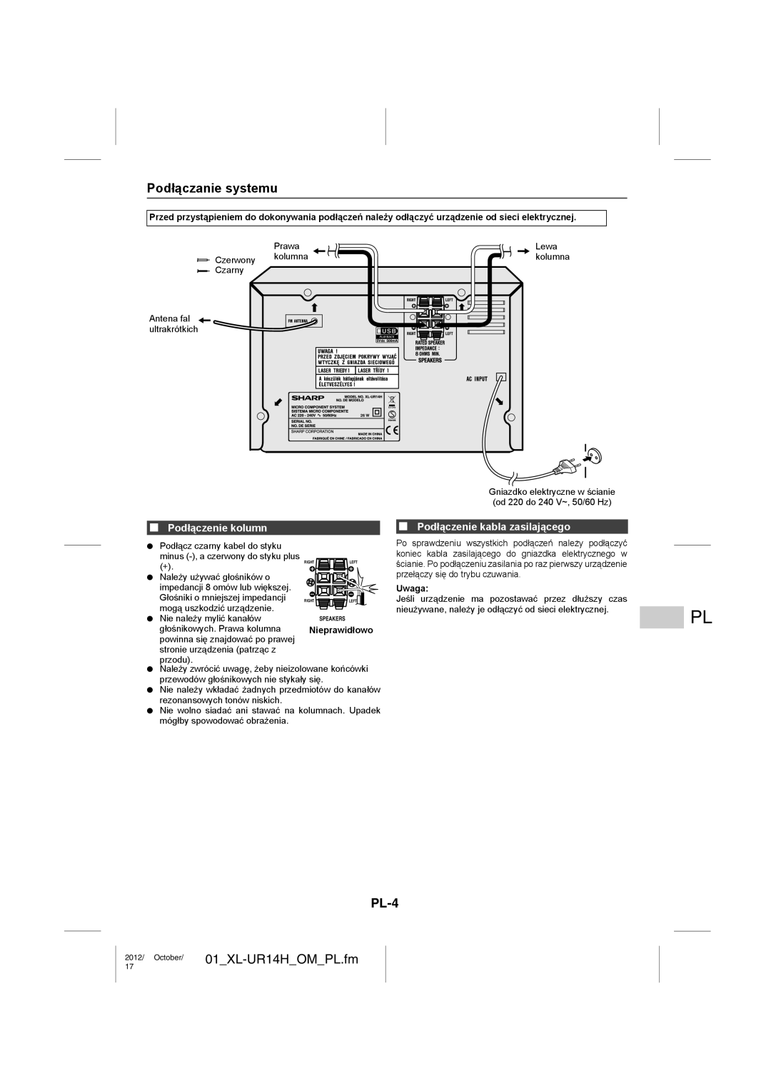 Sharp XL-UR14H operation manual Podłączanie systemu, PL-4, Podłączenie kolumn, Podłączenie kabla zasilającego, Uwaga 