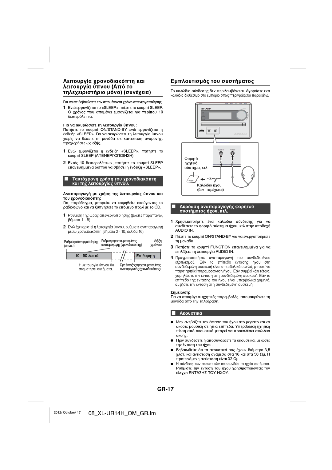 Sharp XL-UR14H Εμπλουτισμός του συστήματος, GR-17, Ακρόαση αναπαραγωγής φορητού συστήματος ήχου, κτλ, Ακουστικά 