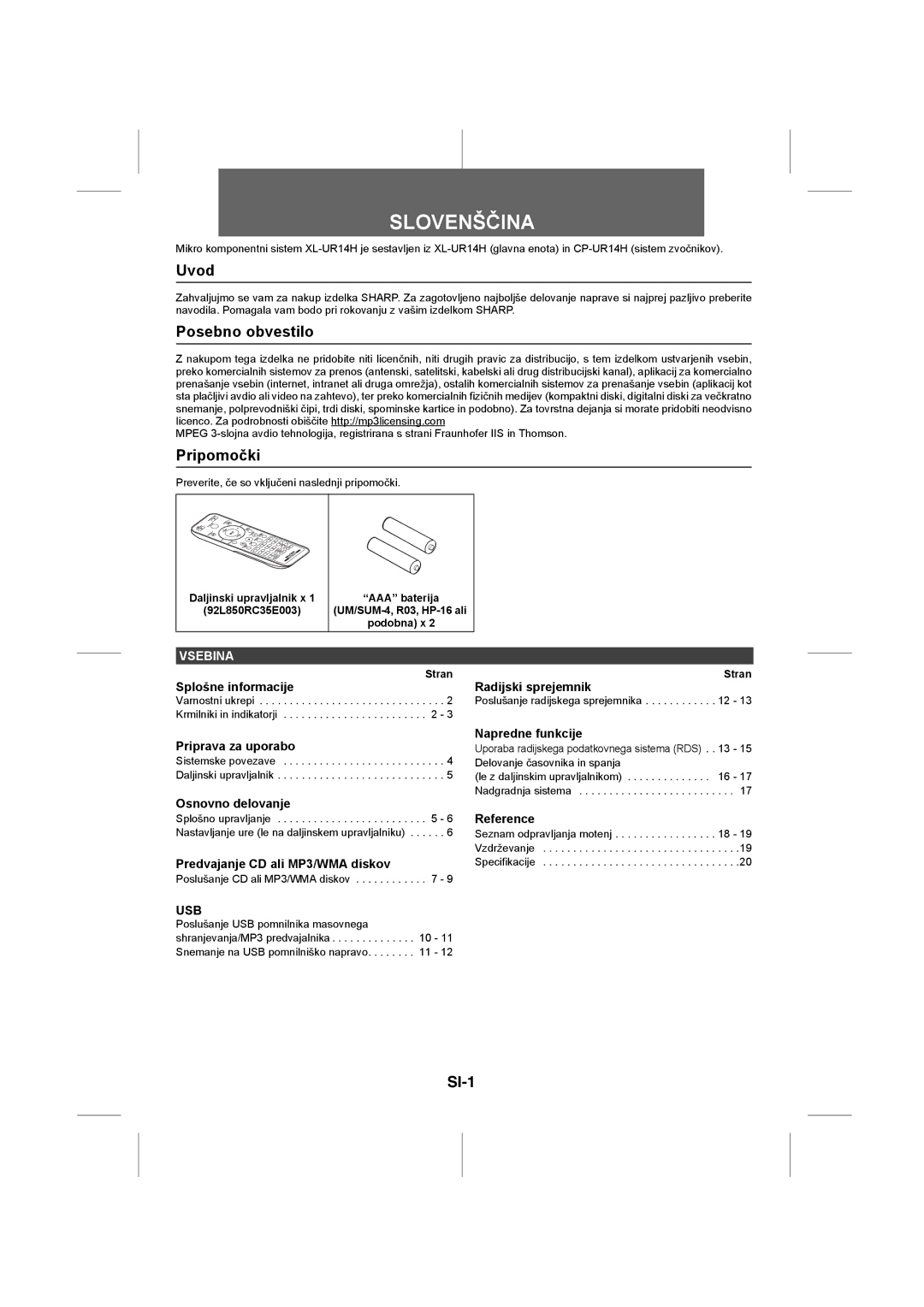 Sharp XL-UR14H operation manual Uvod, Posebno obvestilo, Pripomočki, SI-1, Stran 