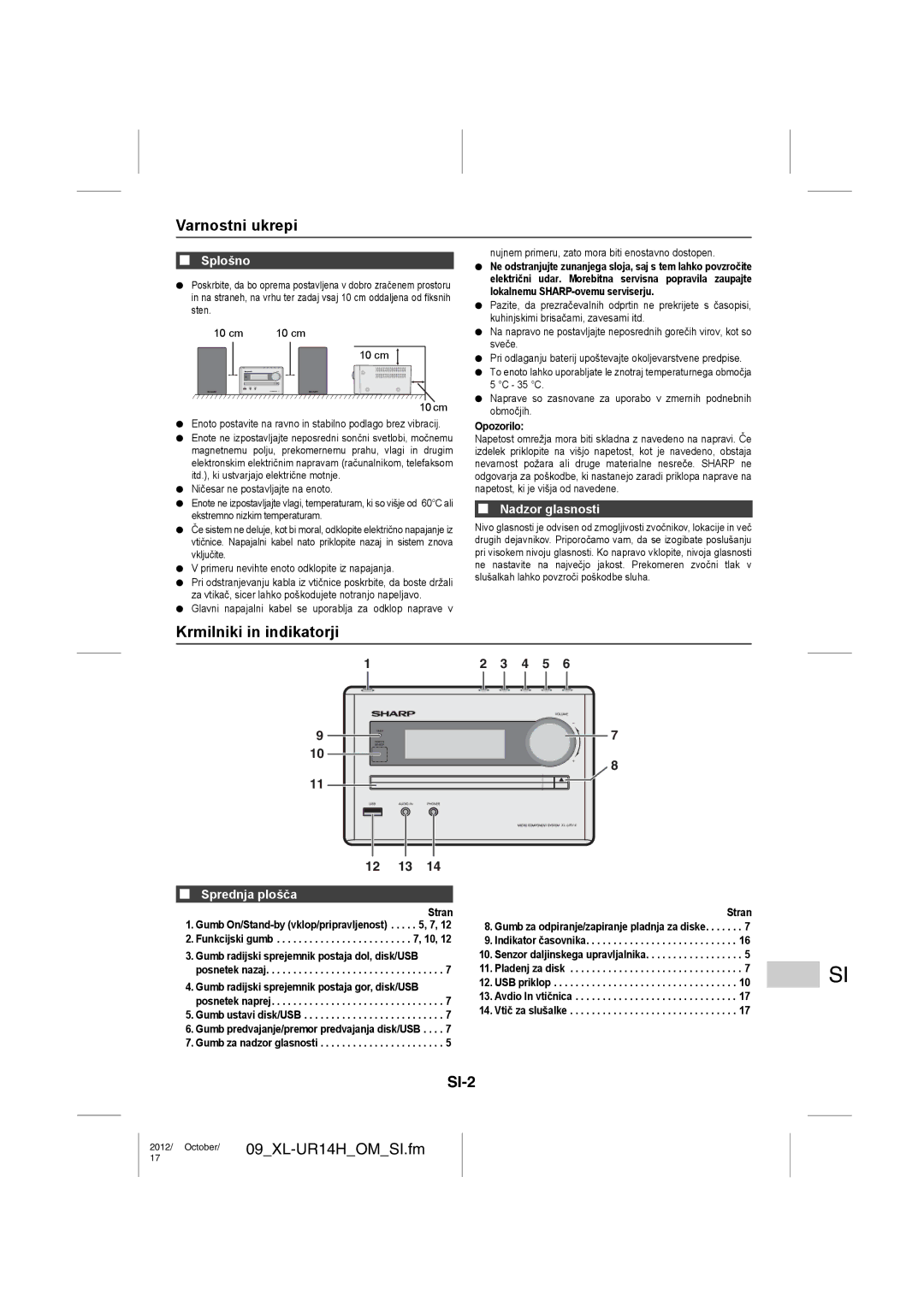 Sharp XL-UR14H operation manual Varnostni ukrepi, Krmilniki in indikatorji, SI-2 