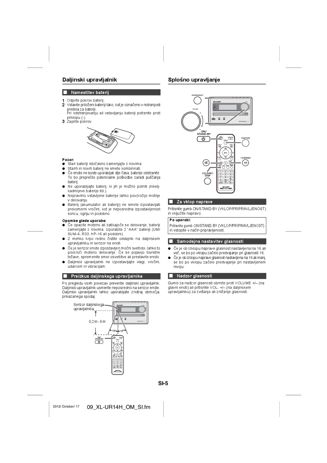 Sharp XL-UR14H operation manual Daljinski upravljalnik Splošno upravljanje, SI-5 