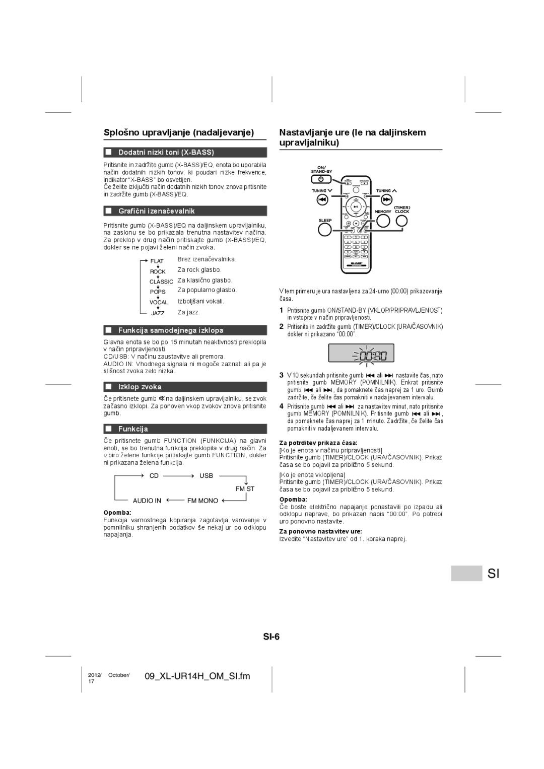 Sharp XL-UR14H operation manual Splošno upravljanje nadaljevanje, Nastavljanje ure le na daljinskem upravljalniku, SI-6 