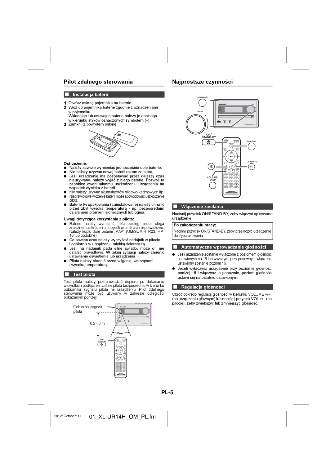 Sharp XL-UR14H operation manual Pilot zdalnego sterowania Najprostsze czynności, PL-5 