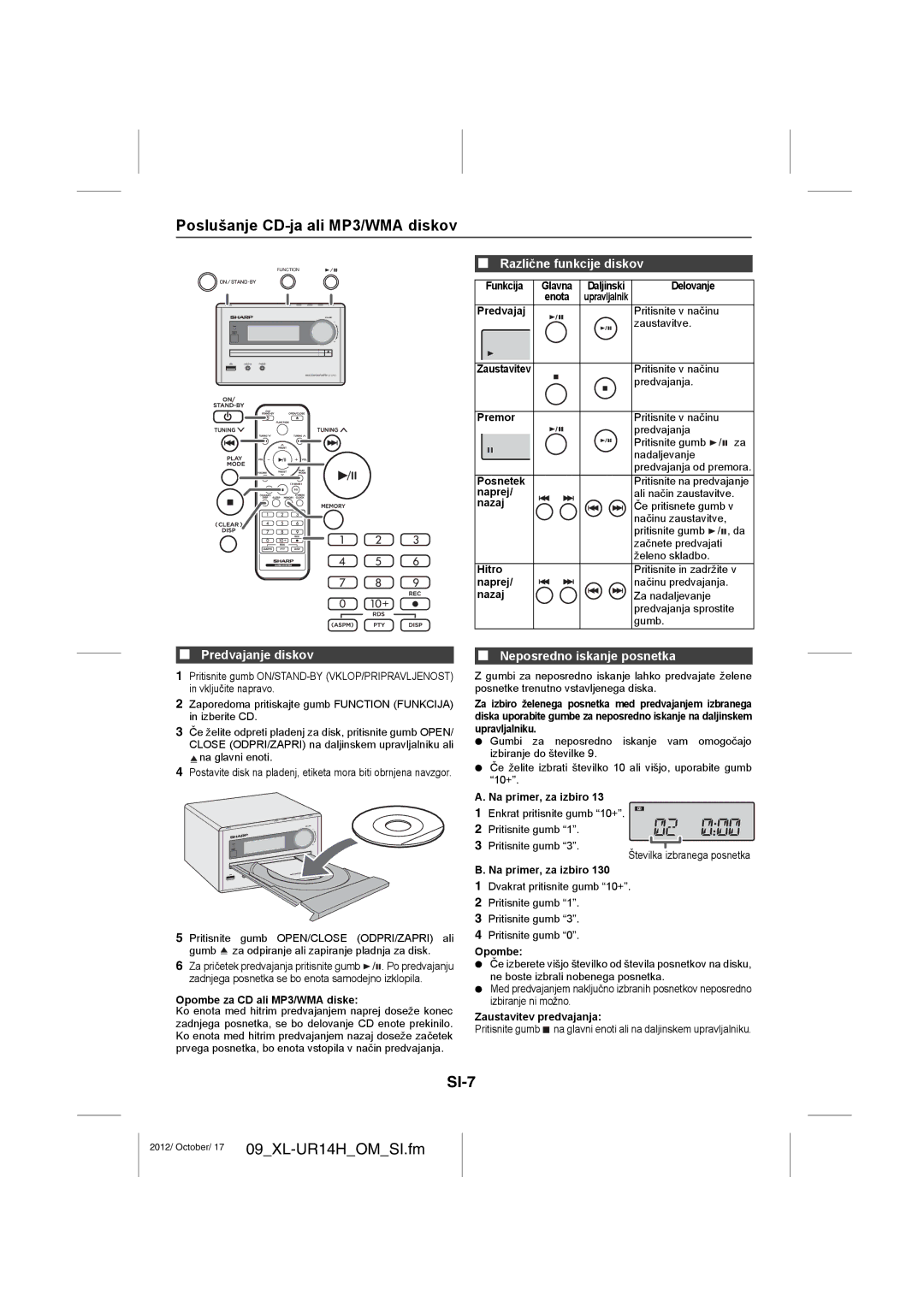 Sharp XL-UR14H operation manual Poslušanje CD-ja ali MP3/WMA diskov, SI-7, Predvajanje diskov, Različne funkcije diskov 