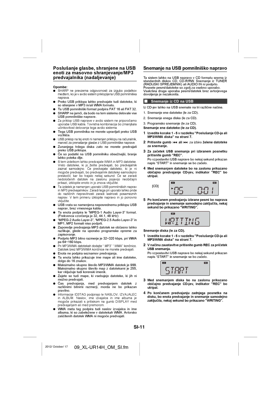 Sharp XL-UR14H operation manual Snemanje na USB pomnilniško napravo, SI-11, Snemanje iz CD na USB 