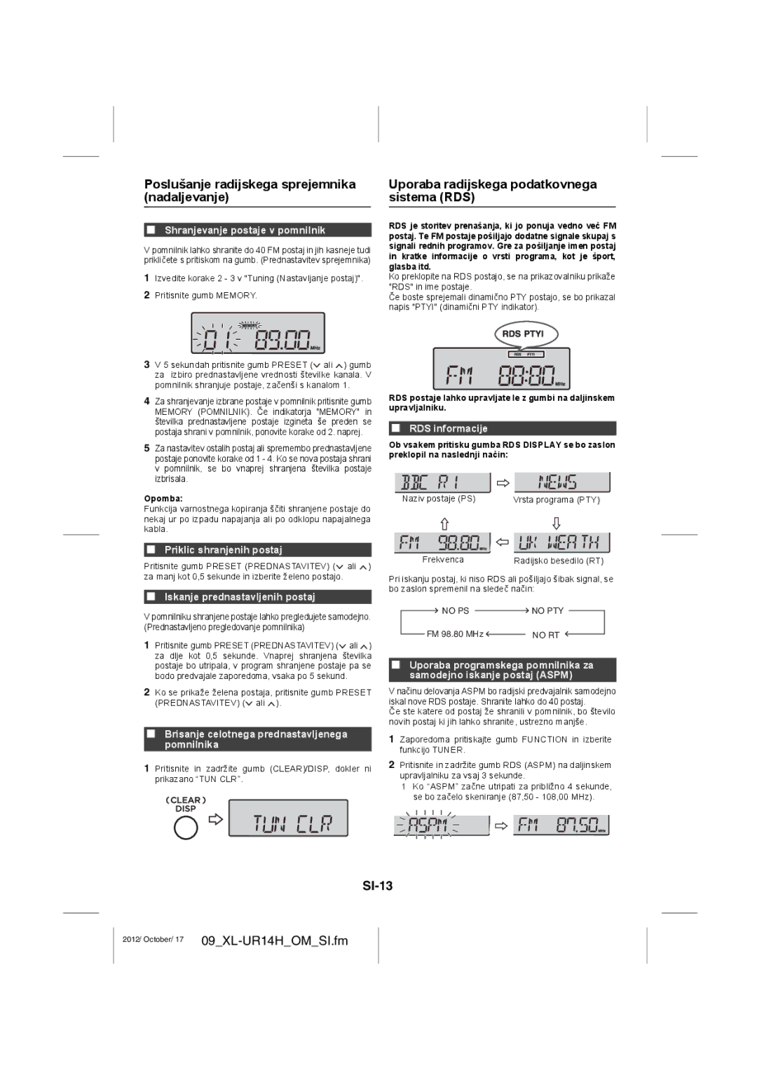 Sharp XL-UR14H Poslušanje radijskega sprejemnika nadaljevanje, Uporaba radijskega podatkovnega sistema RDS, SI-13 