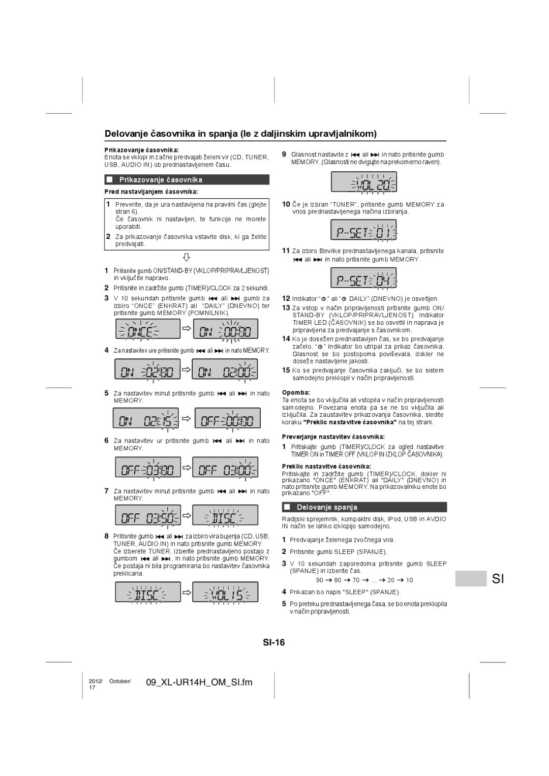 Sharp XL-UR14H operation manual SI-16, Prikazovanje časovnika, Delovanje spanja 