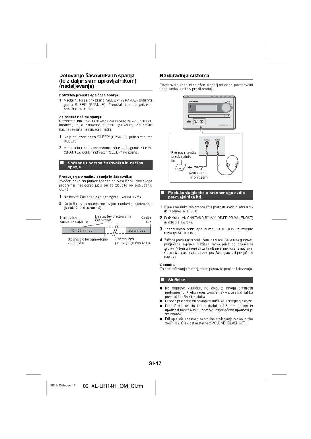 Sharp XL-UR14H operation manual Nadgradnja sistema, SI-17, Sočasna uporaba časovnika in načina spanja, Slušalke 