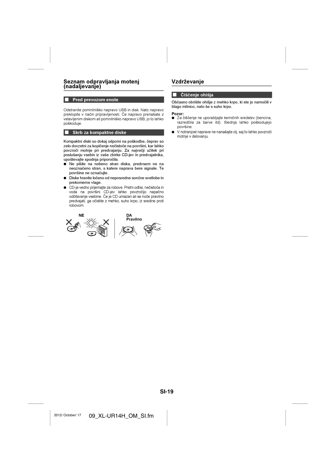 Sharp XL-UR14H operation manual Seznam odpravljanja motenj nadaljevanje, Vzdrževanje, SI-19 