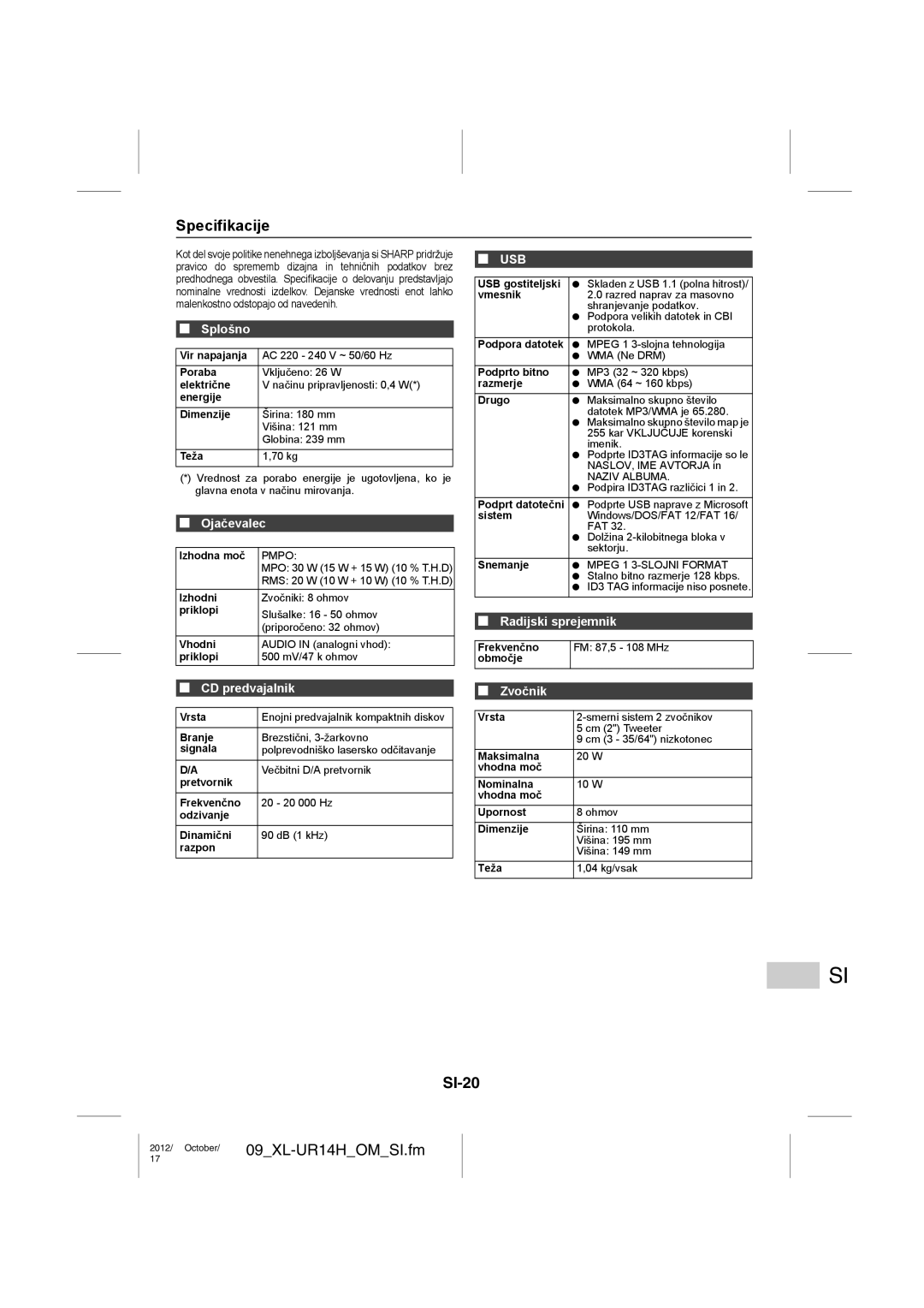 Sharp XL-UR14H operation manual Specifikacije, SI-20, Ojačevalec, Zvočnik 