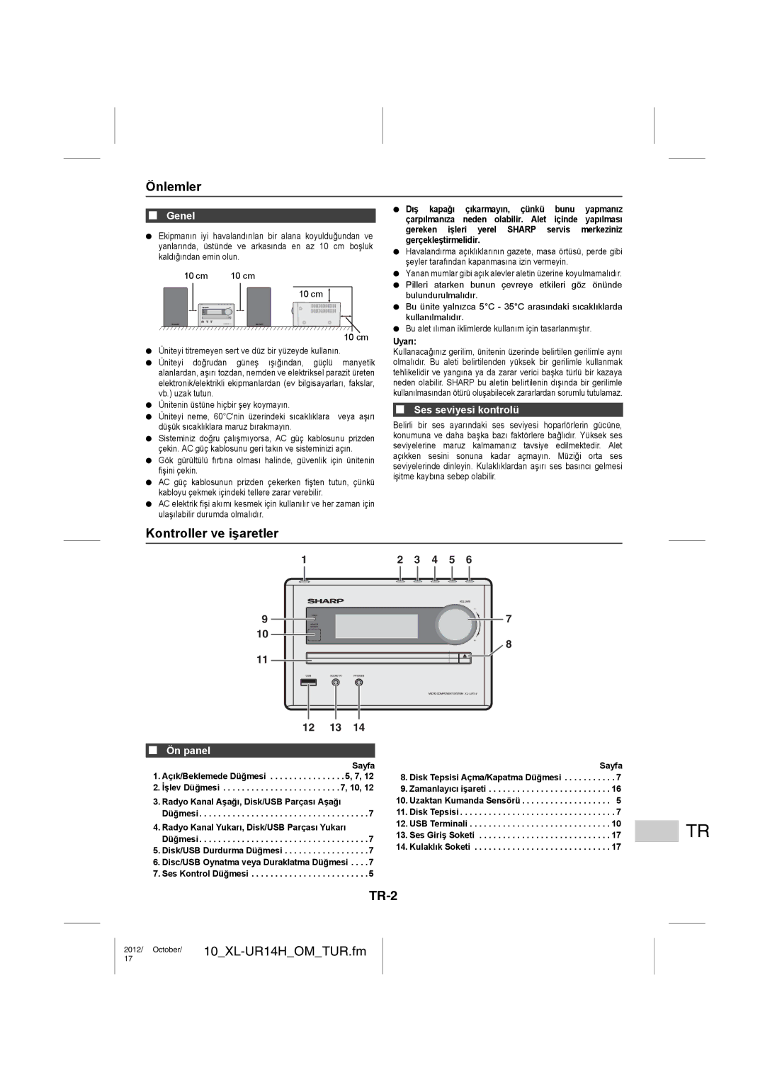 Sharp XL-UR14H operation manual Önlemler, Kontroller ve işaretler, TR-2 