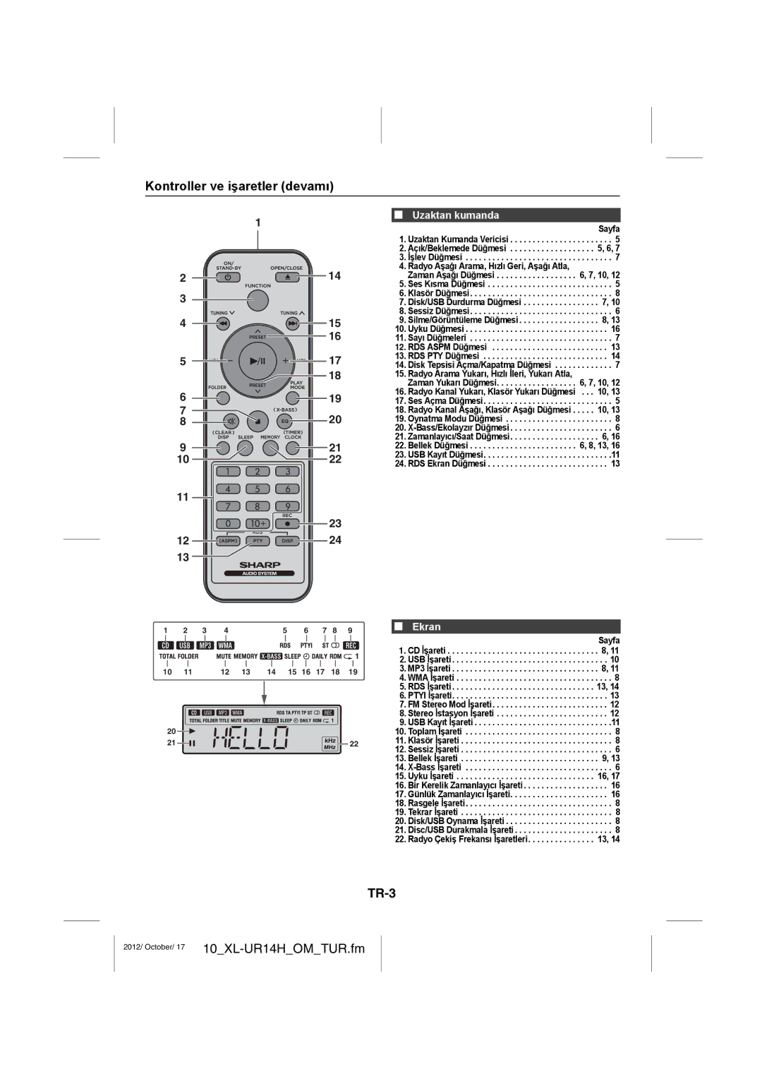 Sharp XL-UR14H operation manual Kontroller ve işaretler devamı, TR-3, Uzaktan kumanda, Ekran 