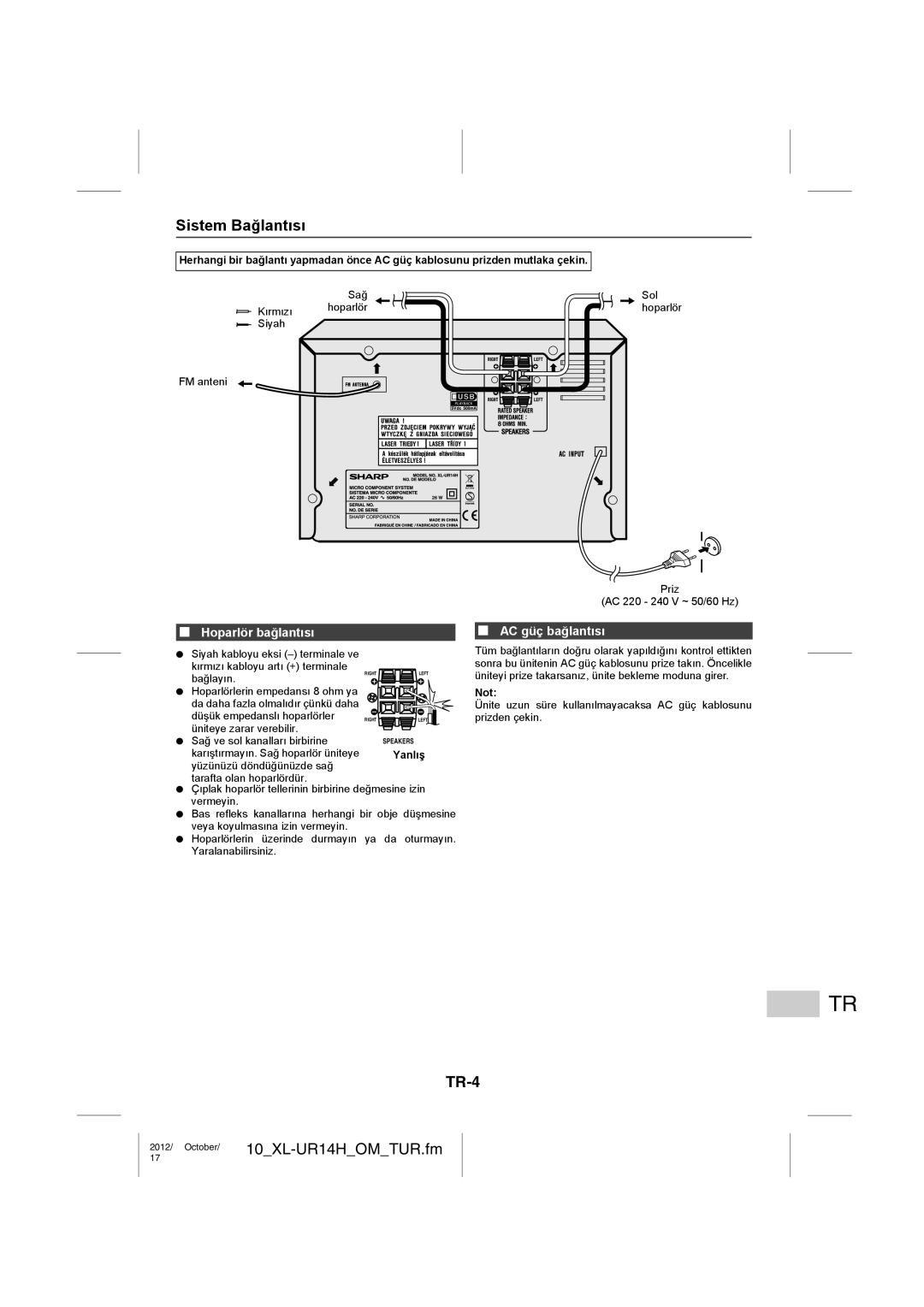 Sharp XL-UR14H operation manual Sistem Bağlantısı, TR-4, Hoparlör bağlantısı, AC güç bağlantısı 