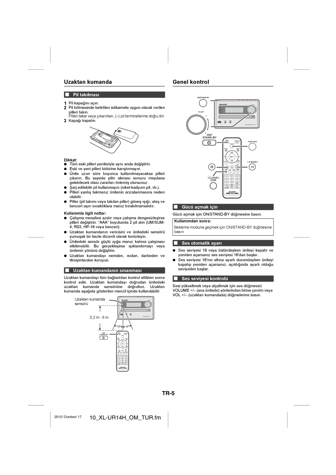 Sharp XL-UR14H operation manual Uzaktan kumanda Genel kontrol, TR-5 