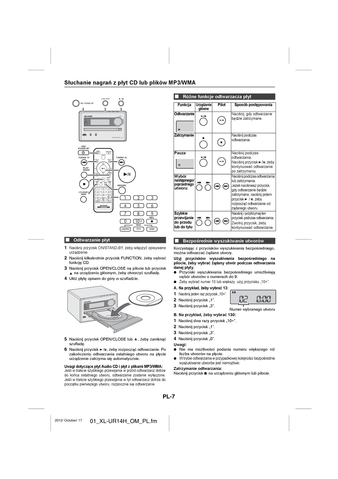 Sharp XL-UR14 Słuchanie nagrań z płyt CD lub plików MP3/WMA, PL-7, Różne funkcje odtwarzacza płyt, Odtwarzanie płyt 