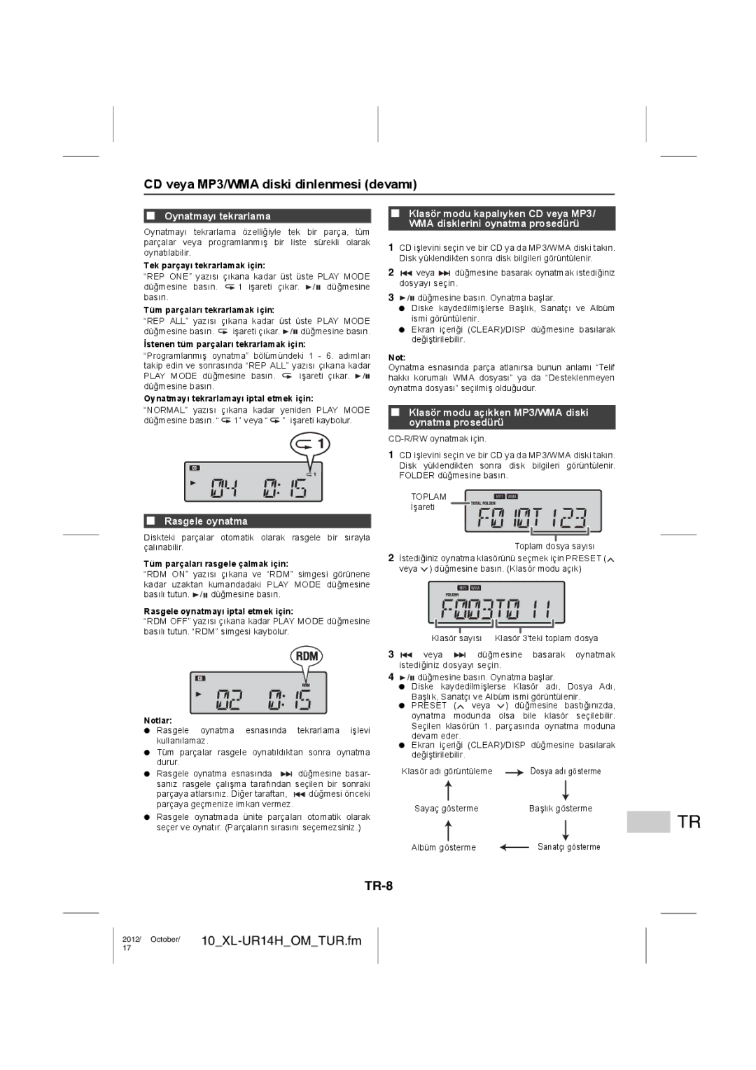 Sharp XL-UR14H operation manual CD veya MP3/WMA diski dinlenmesi devamı, TR-8, Oynatmayı tekrarlama, Rasgele oynatma 