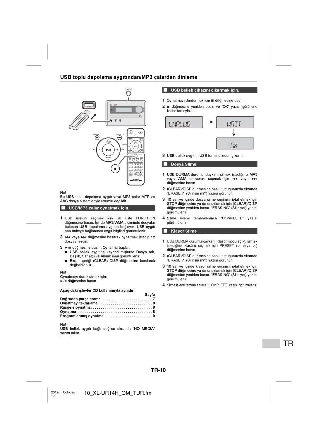 Sharp XL-UR14H operation manual USB toplu depolama aygıtından/MP3 çalardan dinleme, TR-10 