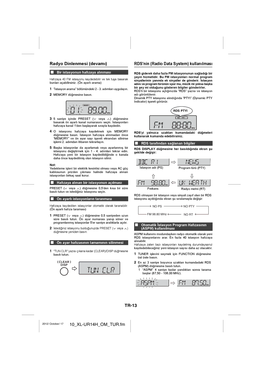 Sharp XL-UR14H operation manual Radyo Dinlenmesi devamı, TR-13 