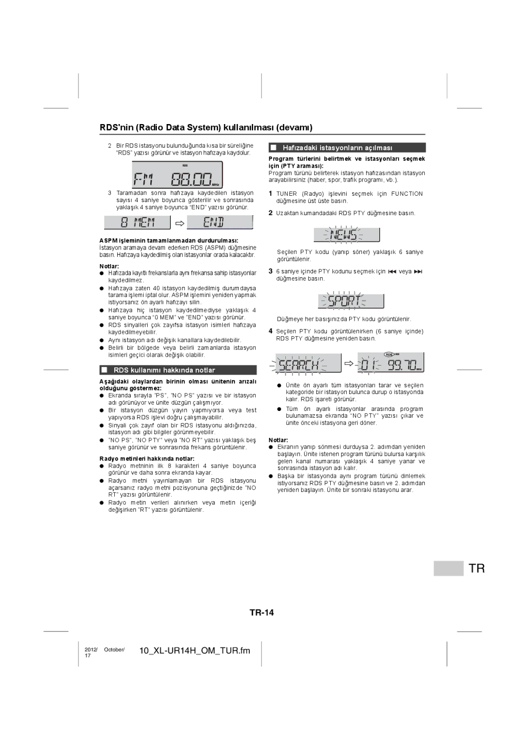 Sharp XL-UR14H operation manual RDSnin Radio Data System kullanılması devamı, TR-14, RDS kullanımı hakkında notlar 