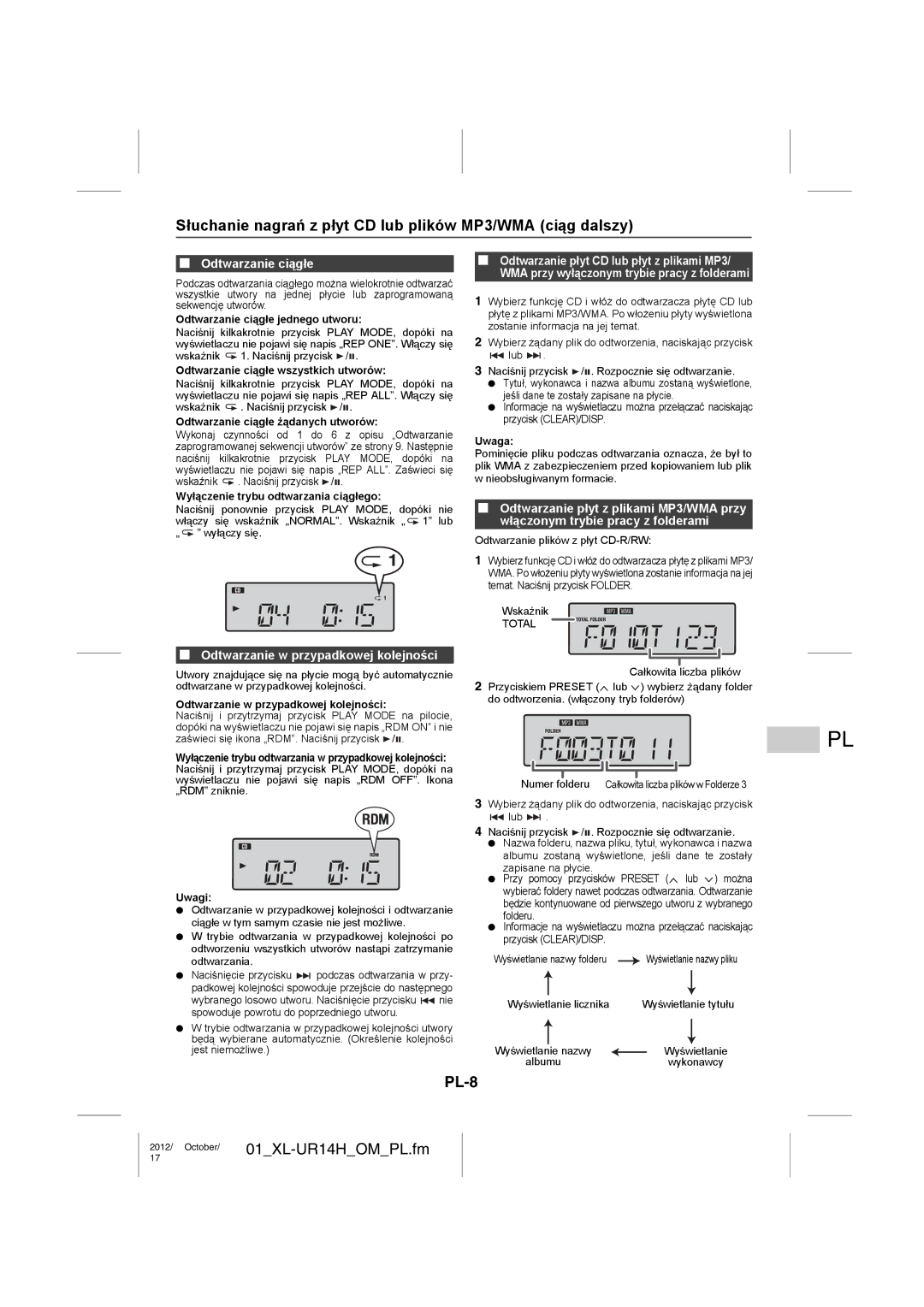 Sharp XL-UR14H operation manual Słuchanie nagrań z płyt CD lub plików MP3/WMA ciąg dalszy, PL-8, Odtwarzanie ciągłe 