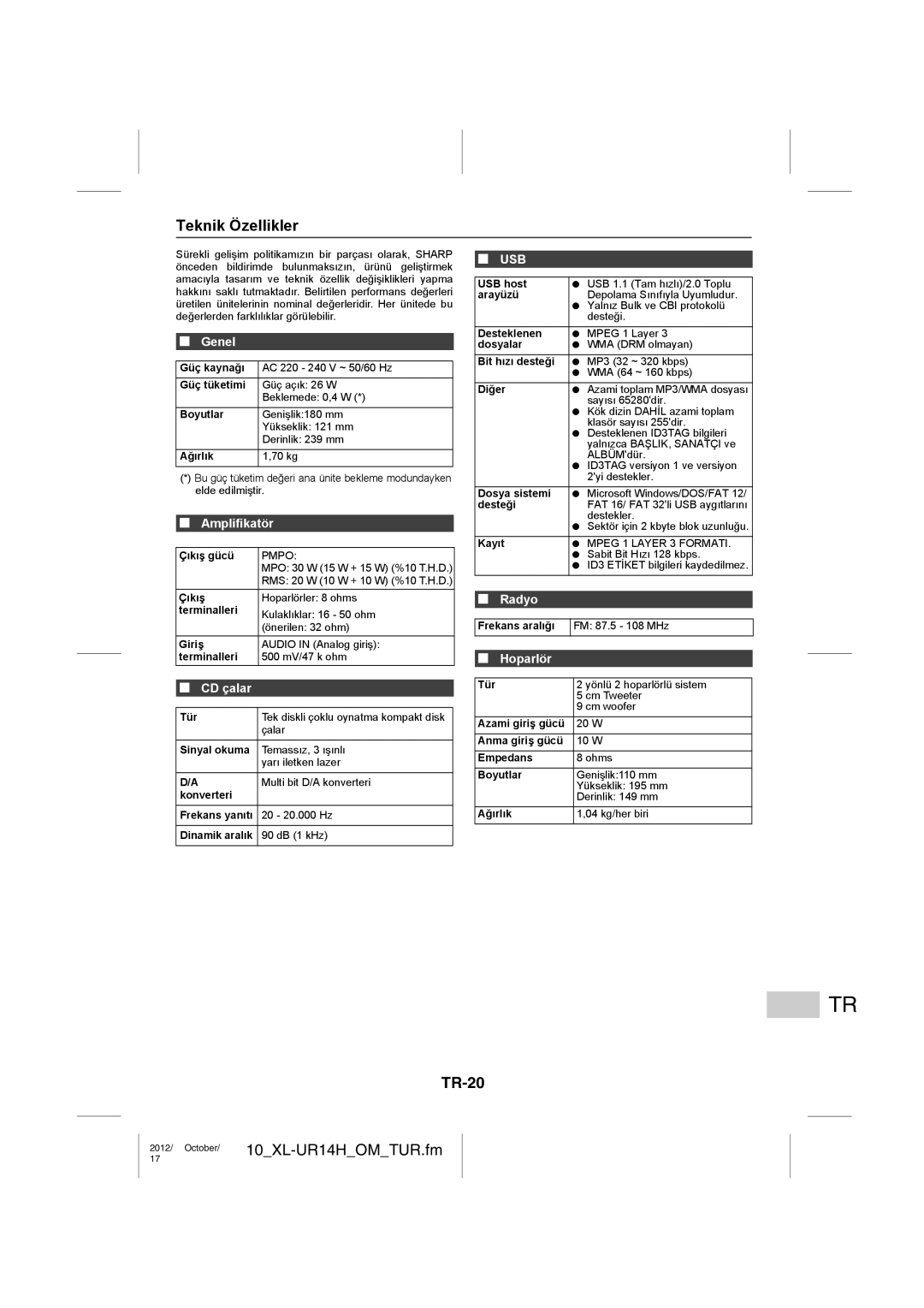 Sharp XL-UR14H operation manual Teknik Özellikler, TR-20, Amplifikatör, Hoparlör 