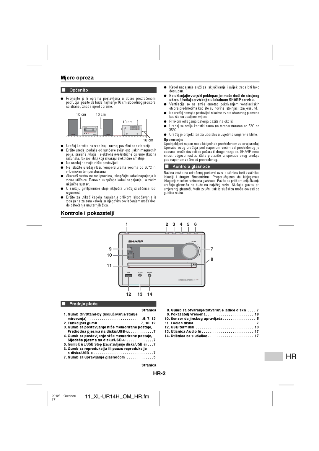 Sharp XL-UR14H operation manual Mjere opreza, Kontrole i pokazatelji, HR-2 