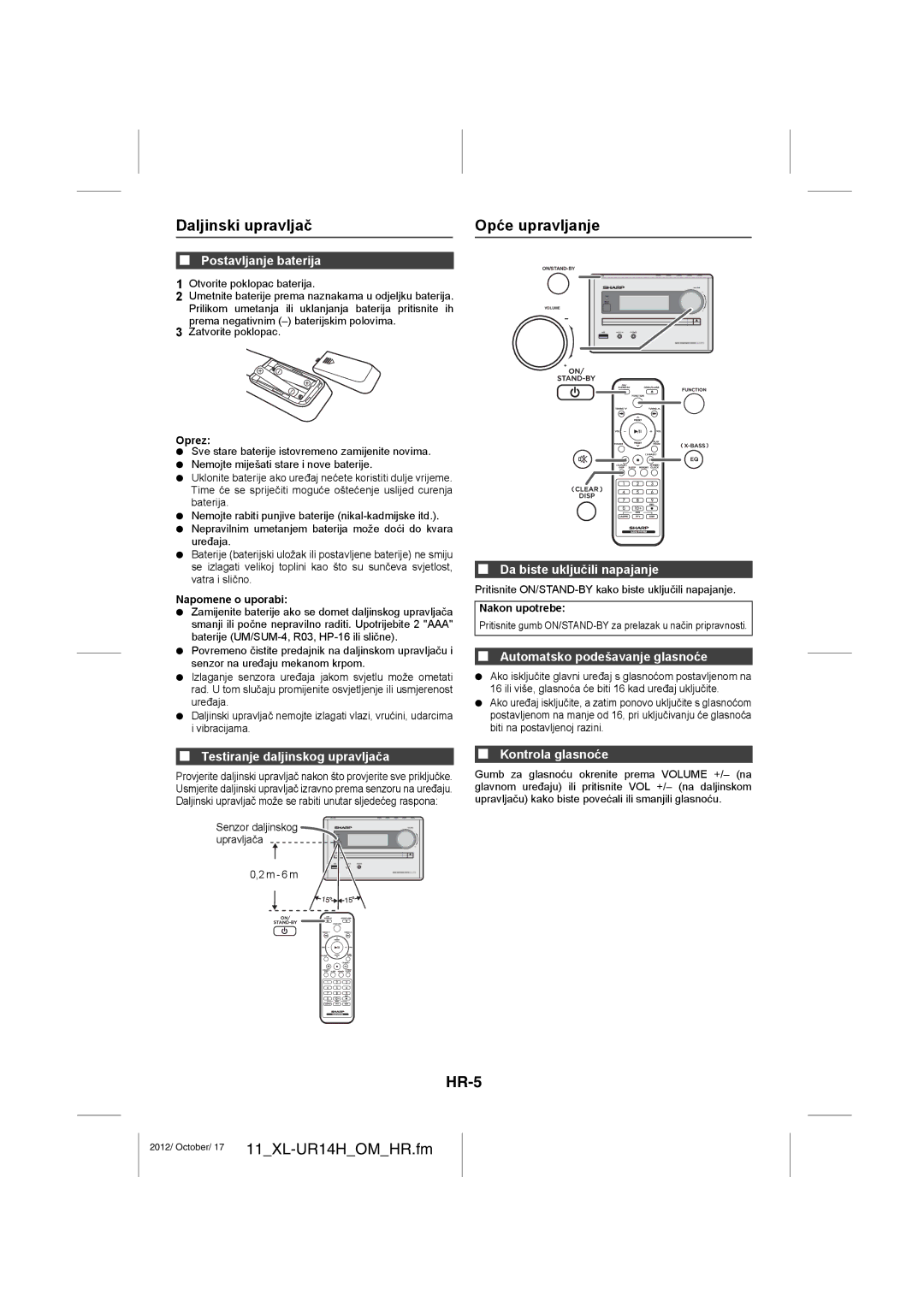 Sharp XL-UR14H operation manual Daljinski upravljač Opće upravljanje, HR-5 