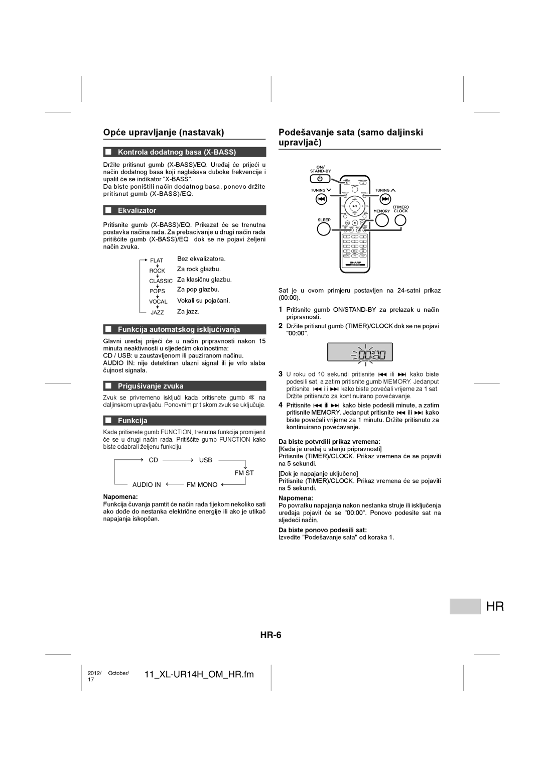 Sharp XL-UR14H operation manual Opće upravljanje nastavak, Podešavanje sata samo daljinski upravljač, HR-6 