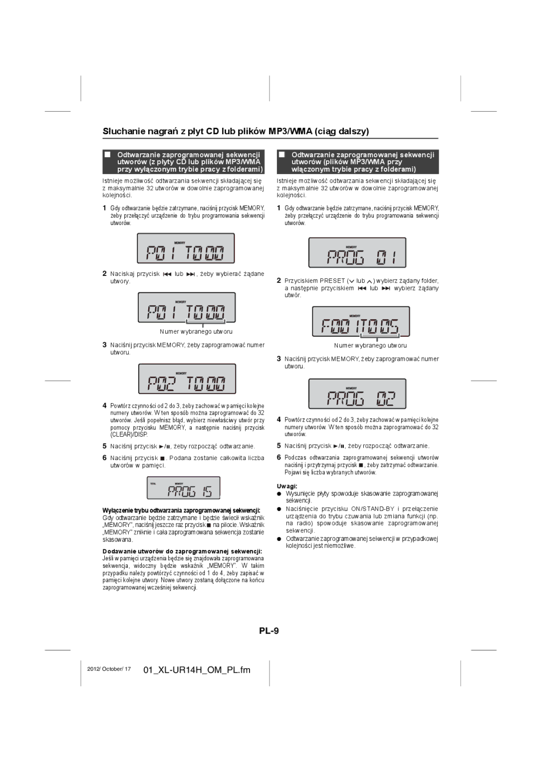 Sharp XL-UR14H operation manual PL-9, Dodawanie utworów do zaprogramowanej sekwencji 