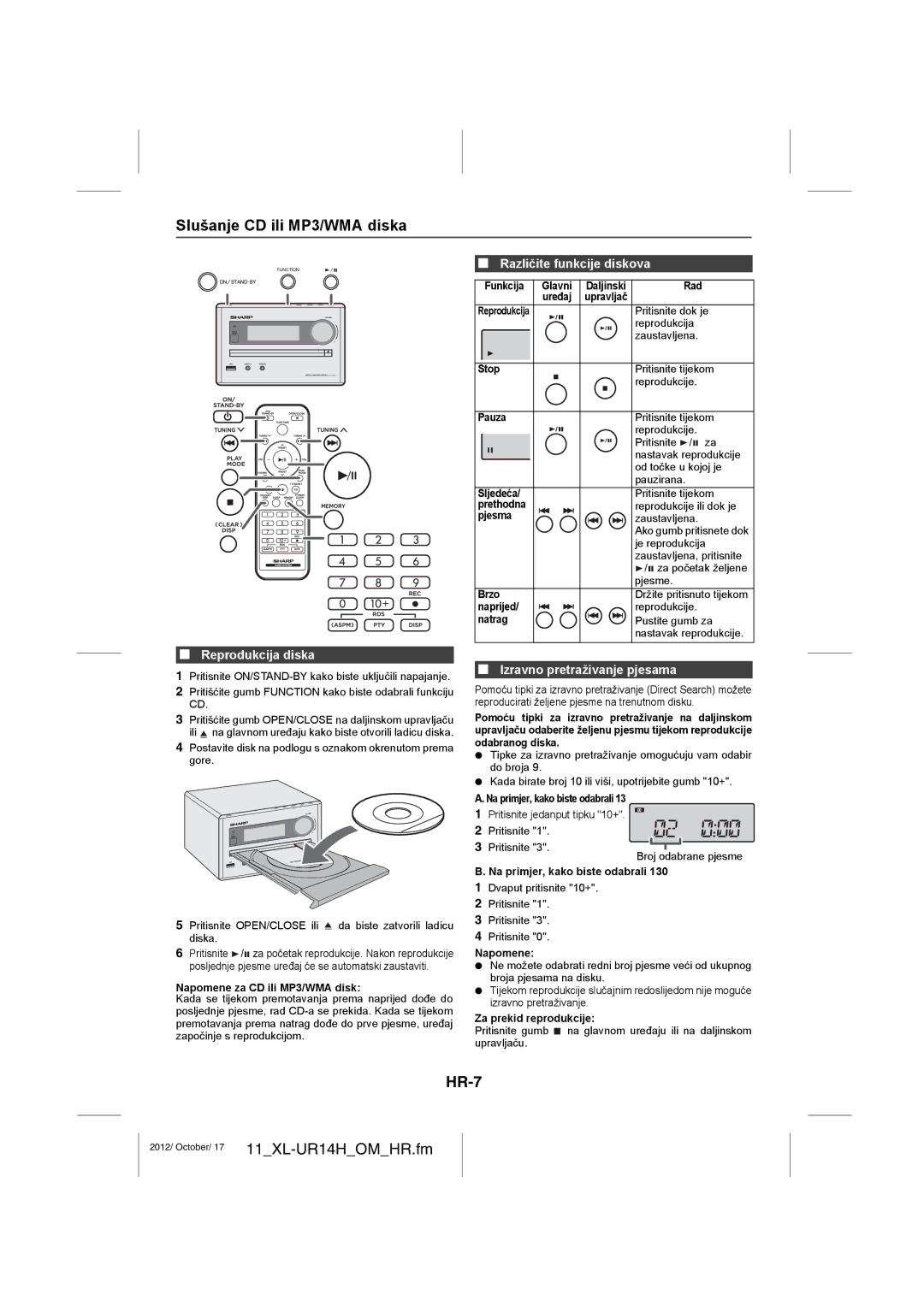 Sharp XL-UR14H operation manual Slušanje CD ili MP3/WMA diska, HR-7, Reprodukcija diska, Različite funkcije diskova 