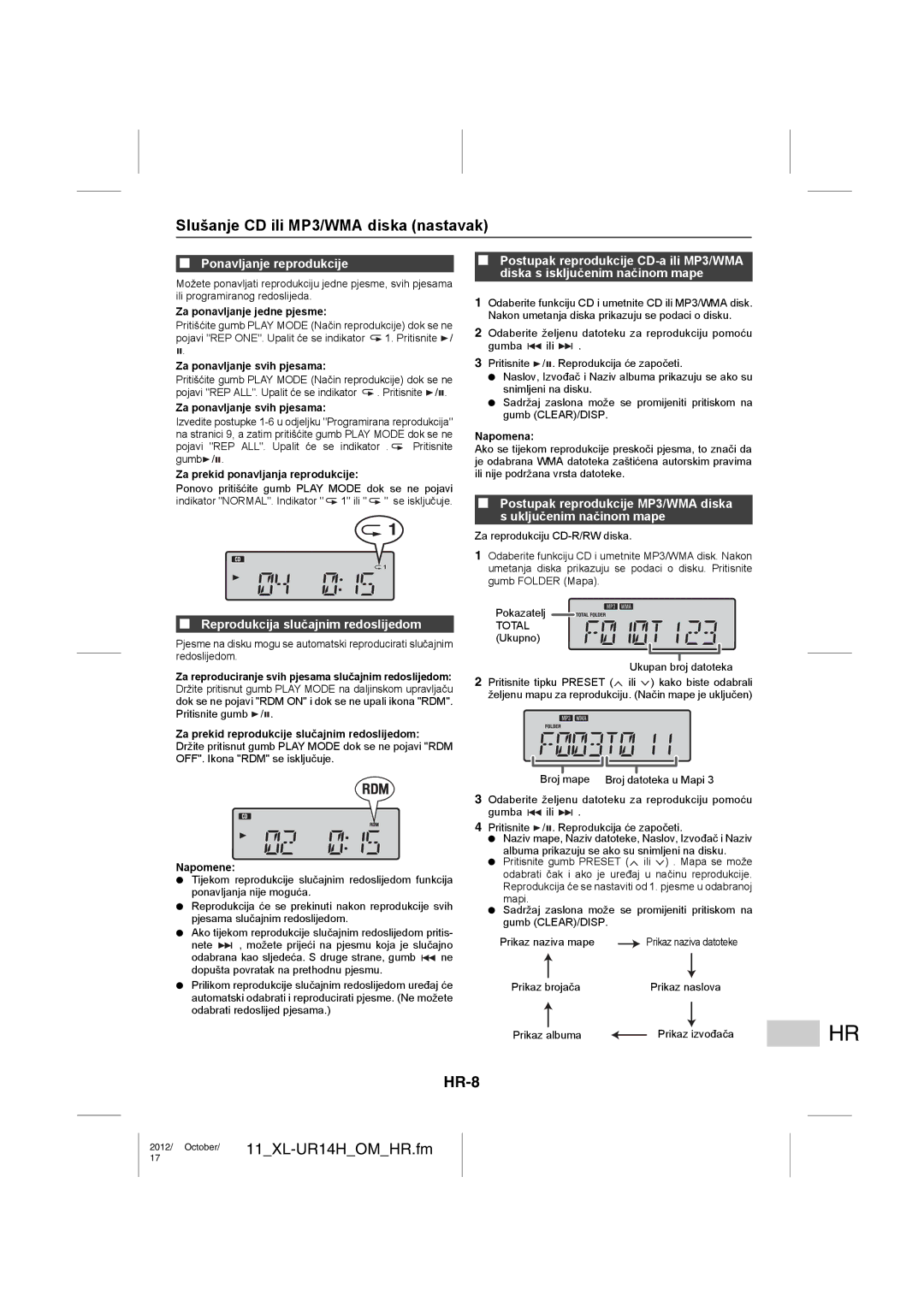 Sharp XL-UR14H Slušanje CD ili MP3/WMA diska nastavak, HR-8, Ponavljanje reprodukcije, Reprodukcija slučajnim redoslijedom 