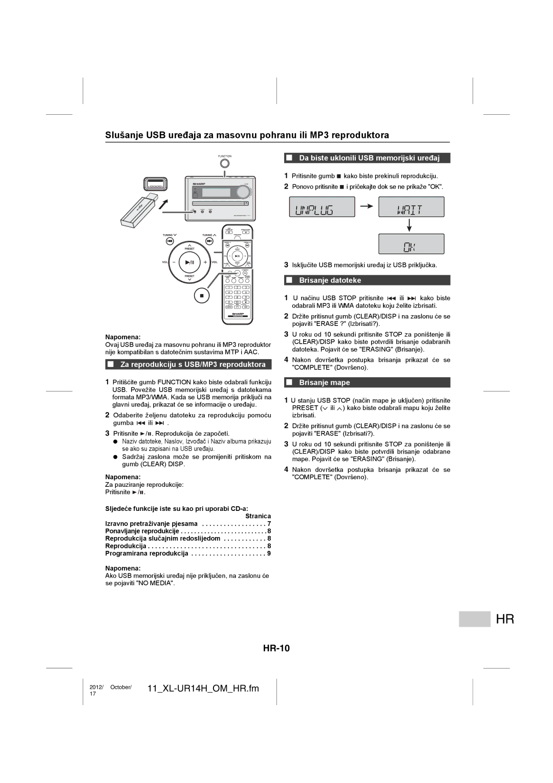 Sharp XL-UR14H HR-10, Da biste uklonili USB memorijski uređaj, Za reprodukciju s USB/MP3 reproduktora, Brisanje datoteke 