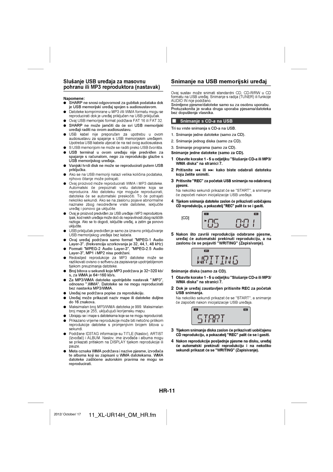 Sharp XL-UR14H operation manual Snimanje na USB memorijski uređaj, HR-11, Snimanje s CD-a na USB 