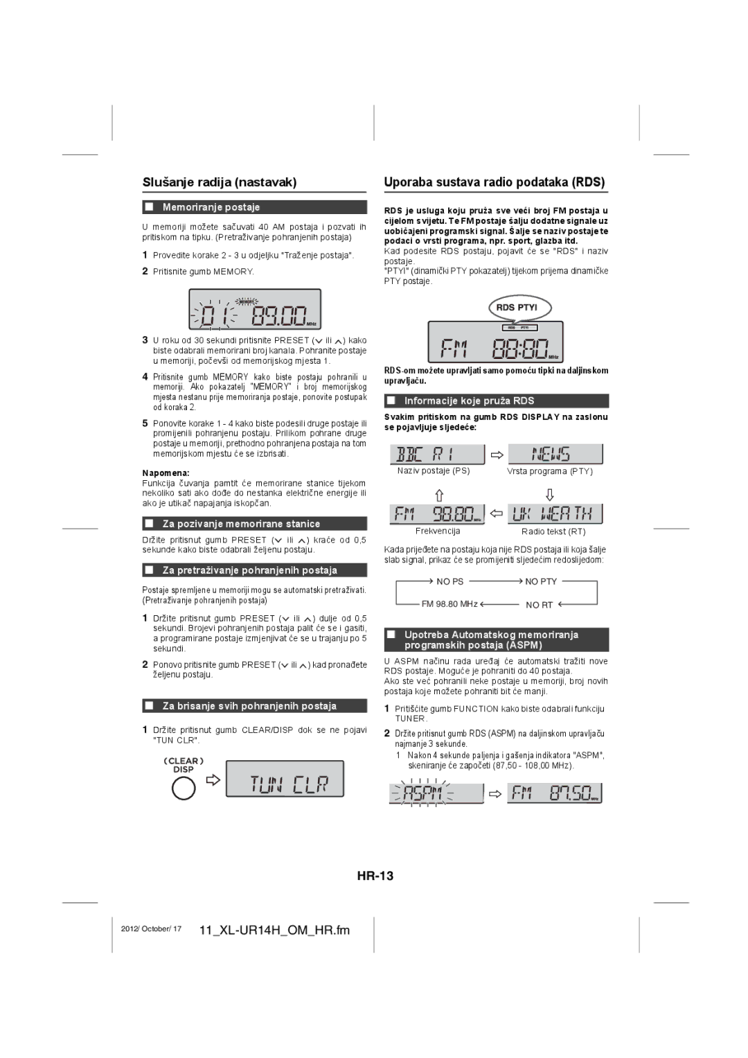 Sharp XL-UR14H operation manual Slušanje radija nastavak, Uporaba sustava radio podataka RDS, HR-13 