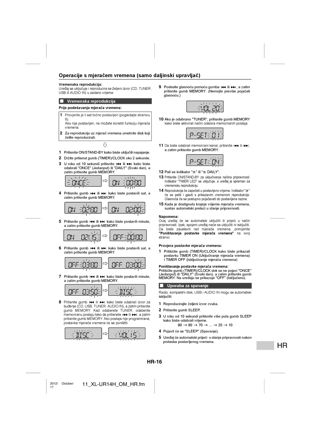 Sharp XL-UR14H Operacije s mjeračem vremena samo daljinski upravljač, HR-16, Vremenska reprodukcija, Uporaba za spavanje 