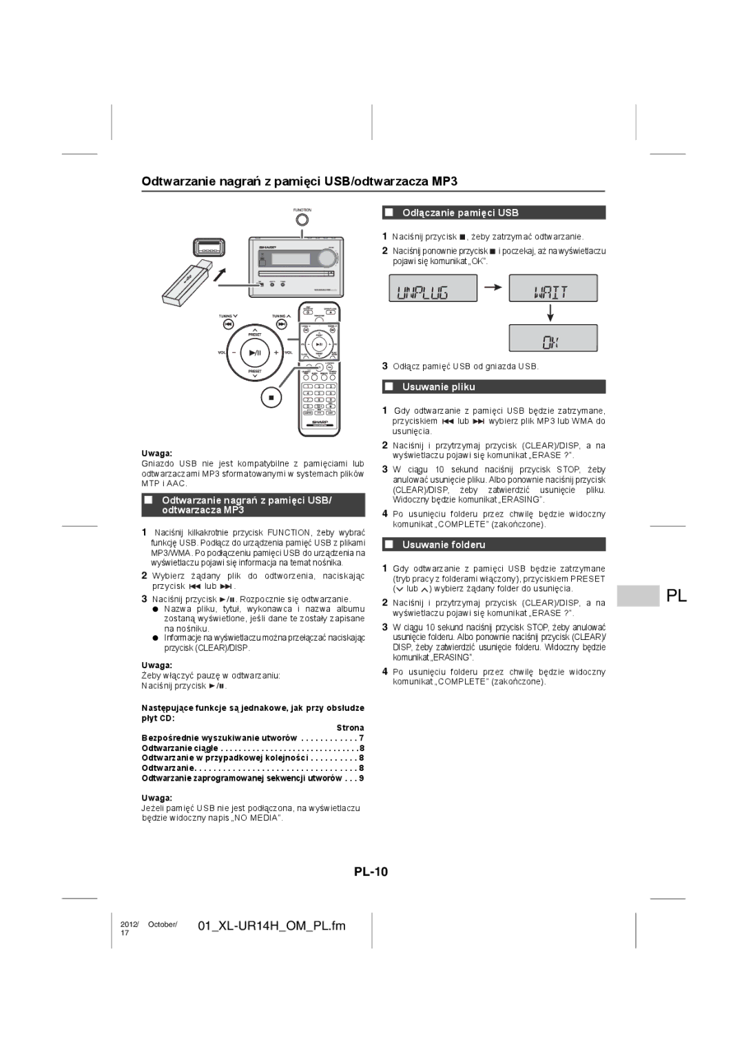 Sharp XL-UR14H operation manual Odtwarzanie nagrań z pamięci USB/odtwarzacza MP3, PL-10 