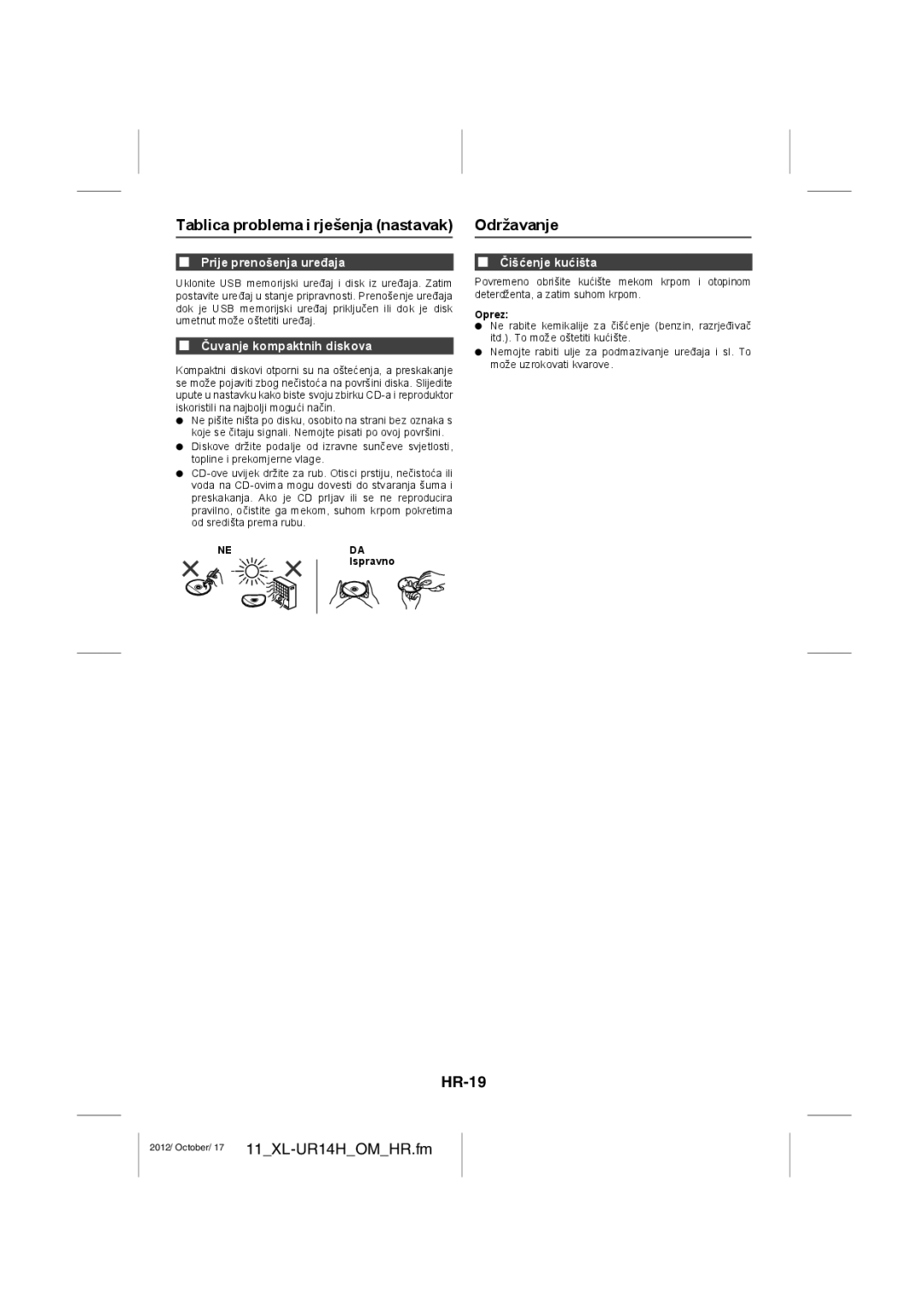 Sharp XL-UR14 Tablica problema i rješenja nastavak Održavanje, HR-19, Prije prenošenja uređaja, Čuvanje kompaktnih diskova 