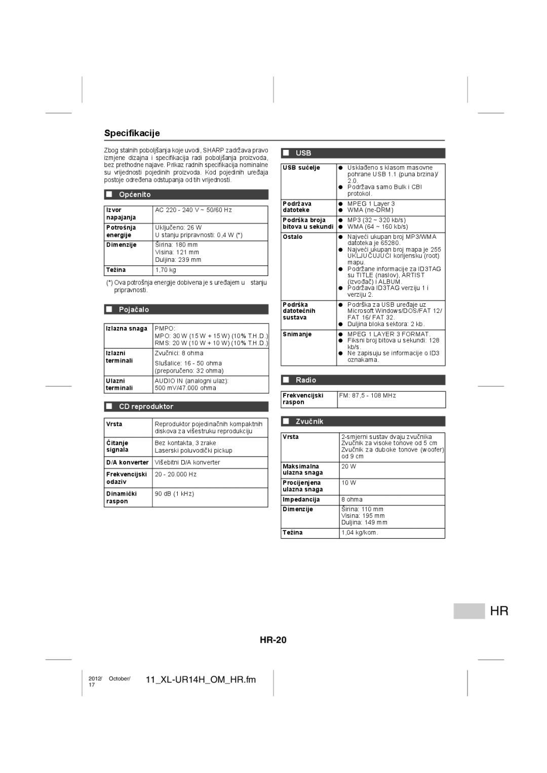 Sharp XL-UR14H operation manual HR-20, Pojačalo, Zvučnik 