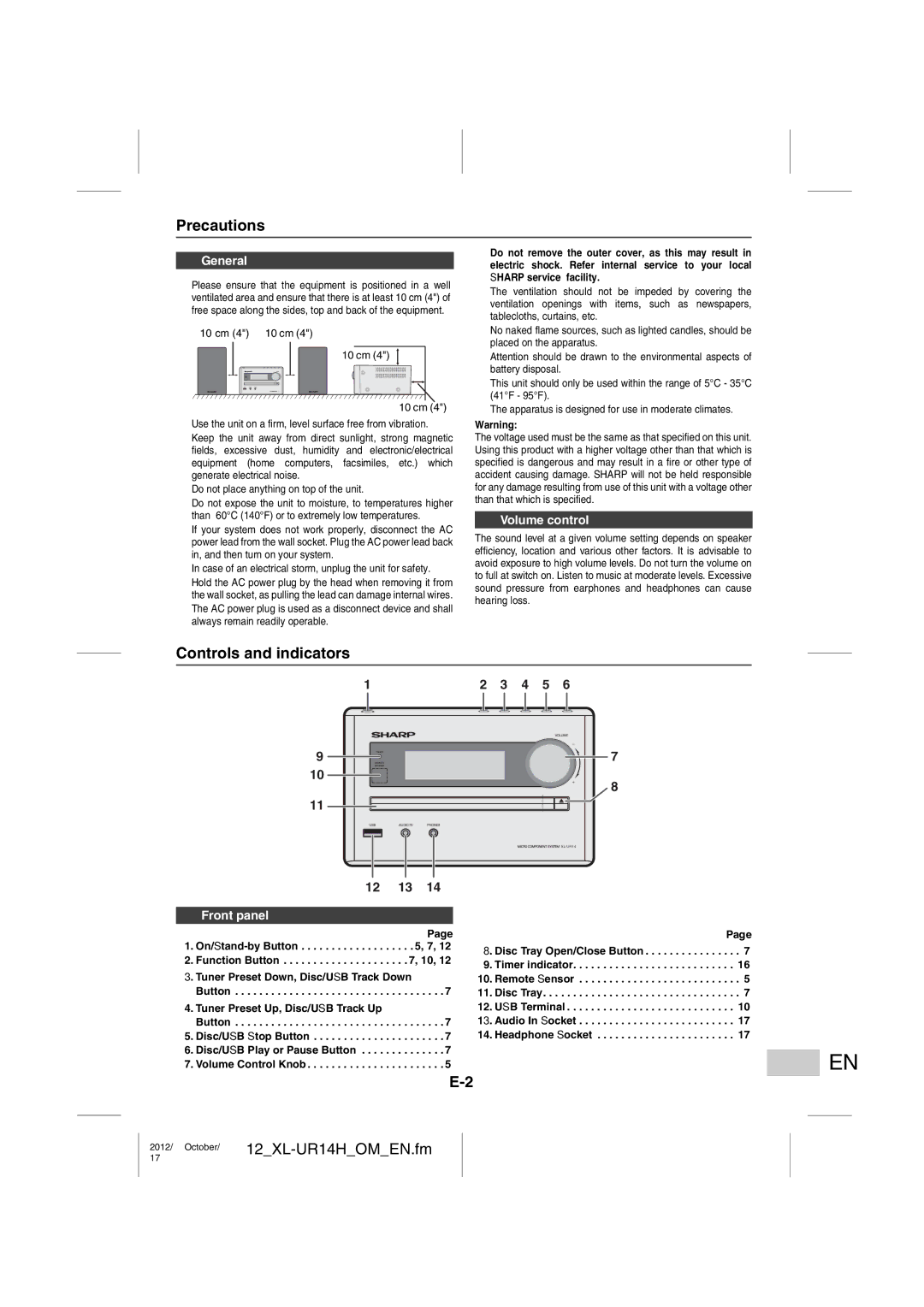 Sharp XL-UR14H operation manual Precautions, Controls and indicators, General, Volume control, Front panel 