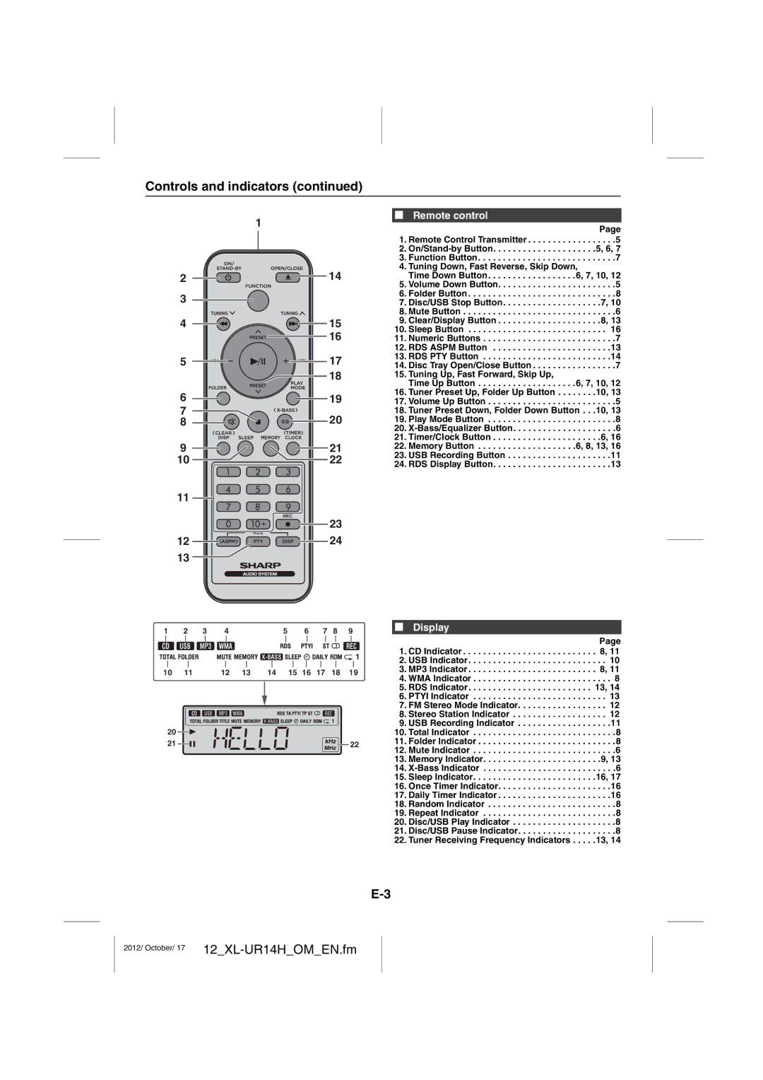 Sharp XL-UR14H operation manual Remote control, Display 