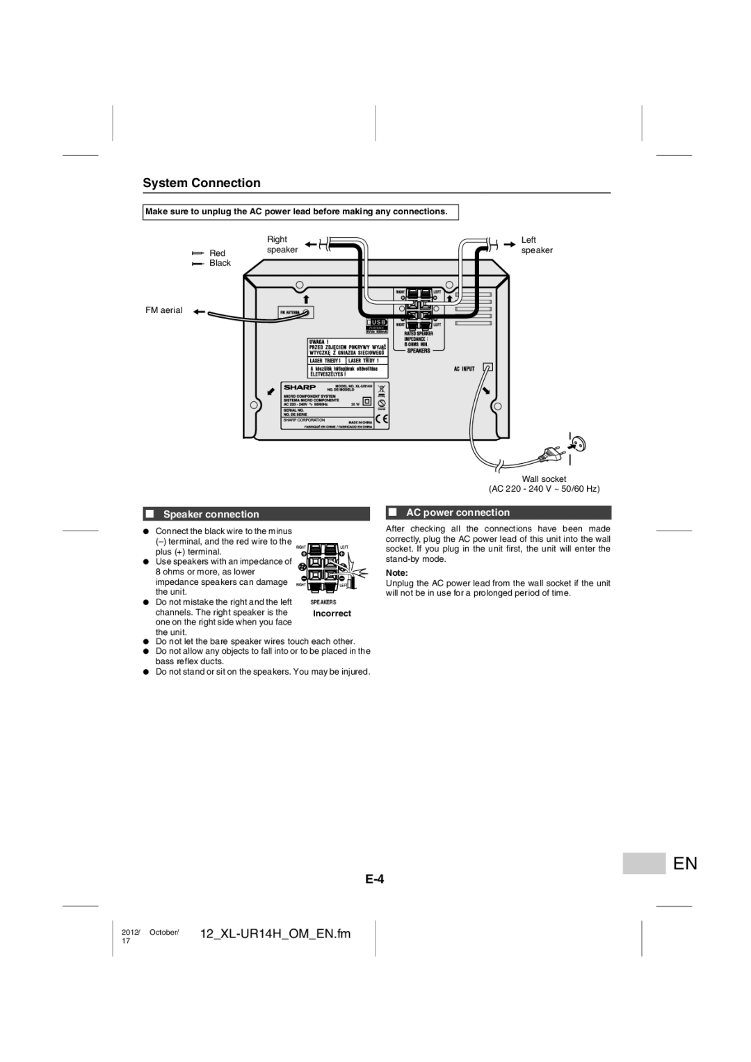 Sharp XL-UR14H operation manual System Connection, Speaker connection, AC power connection 